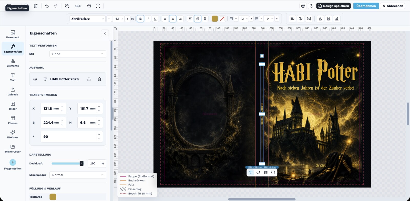 Editor des KI-Cover-Designers mit sichtbarem Umschlagformat und dem Beispiel-Cover „HABI Potter 2026“